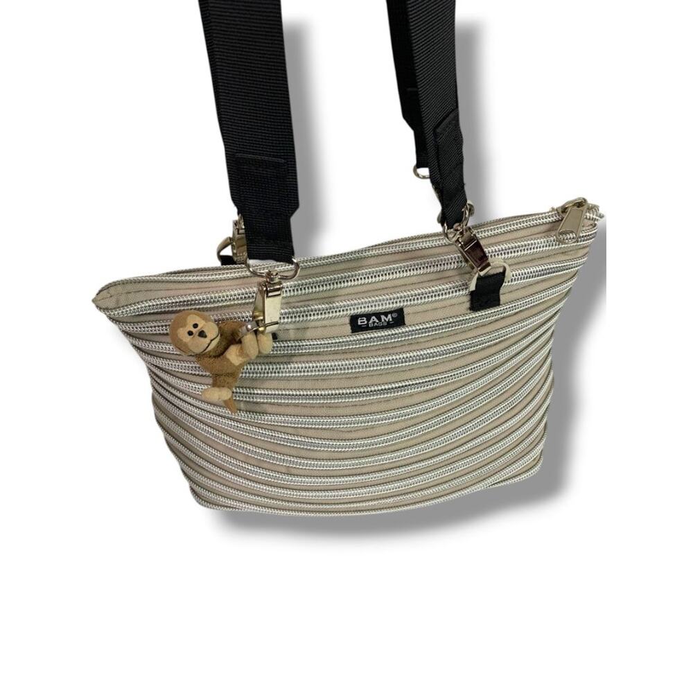 Bam Bags Zipper Purse Beige Silver Tote  Bag Purse Flat Bottom - Picture 2 of 8